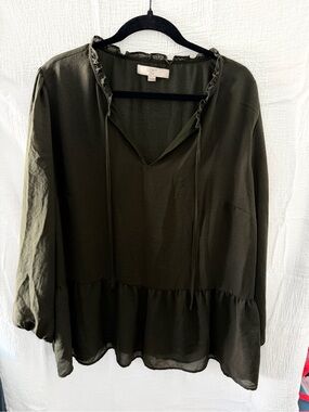 LOFT Olive Green Ruffle Tie Peasant Blouse